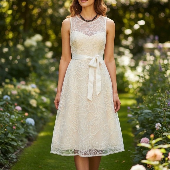 BCBGMaxAzria Dresses & Skirts - BCBGMAXAZRIA Dress Embroidered 6 Beige Organza Women Midi Gown $428 NWT 1894